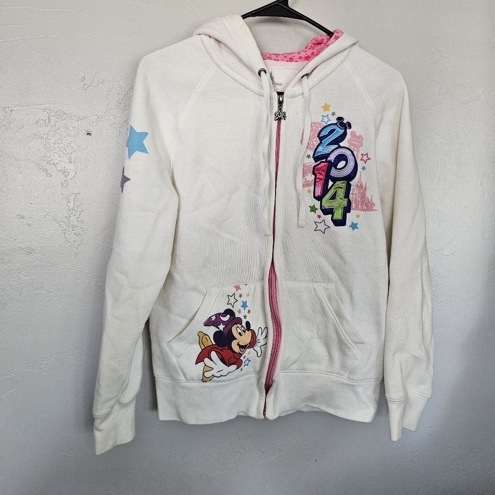 Walt Disney World Women's Medium 2014 White Jacket Pink Blue Mickey Minnie Park